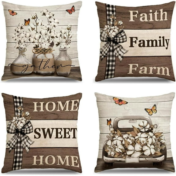 Farmhouse Pillow Covers 18x18 Inch Set of 4 Home Sweet Home Brown Throw Pillow Covers Truck Stripes Buffalo Plaid Outdoor Decor Farmhouse Mothers Day Pillowcase Cushion Case for Sofa Couch