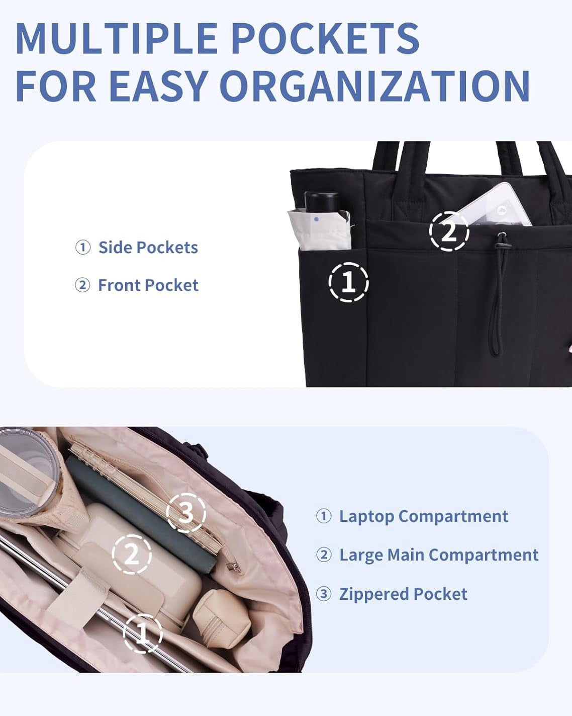 Puffer Tote Bag for Women, Shoulder Bag Handbag with Cup Holder & 15.6" Laptop Compartment & Trolley Sleeve for Travel, Work, Nurse, Lightweight, 20L