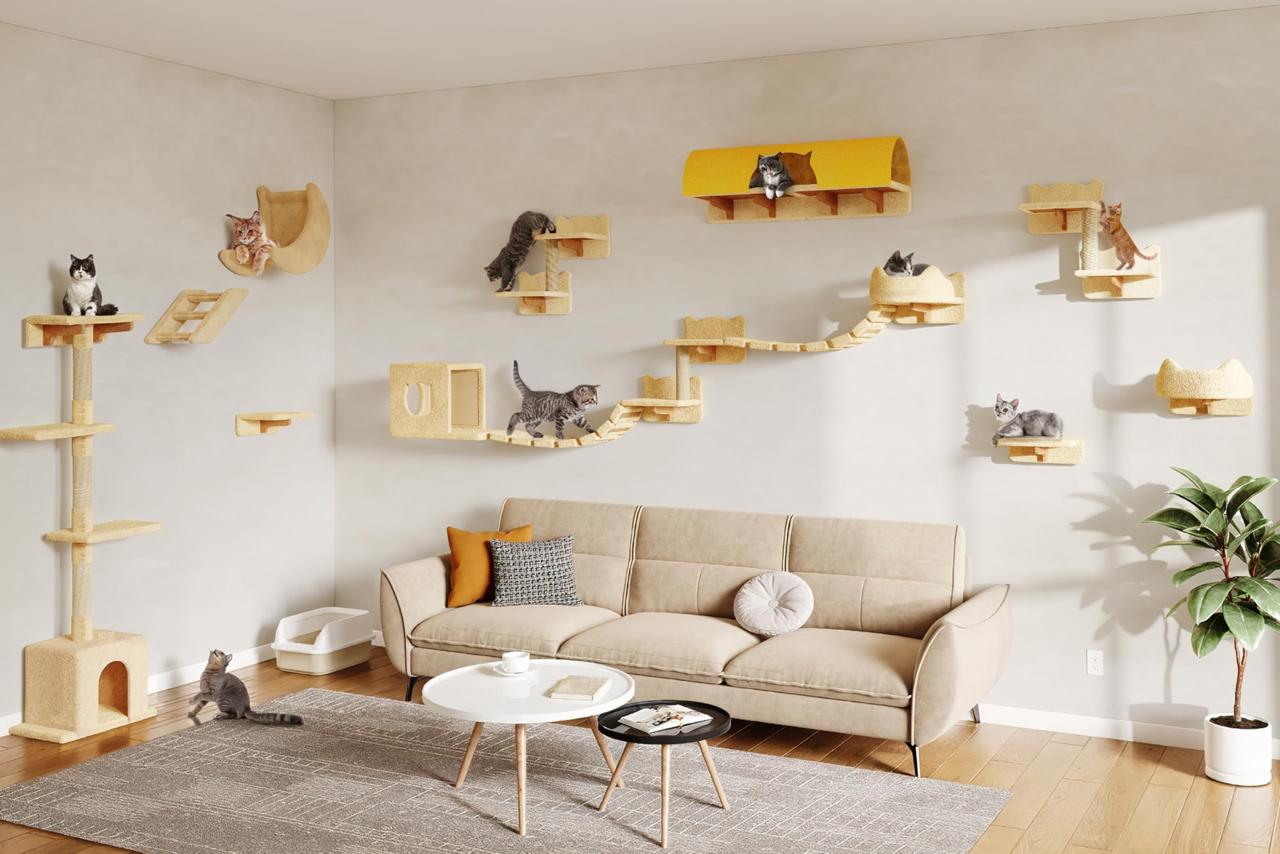Cat Wall Shelves With Tree  26-in-1 Mounted Pet Furniture 40''l Tunnel Posts House Step And Floating Bridge Climbing Systems 63'' Cats Tower Beige