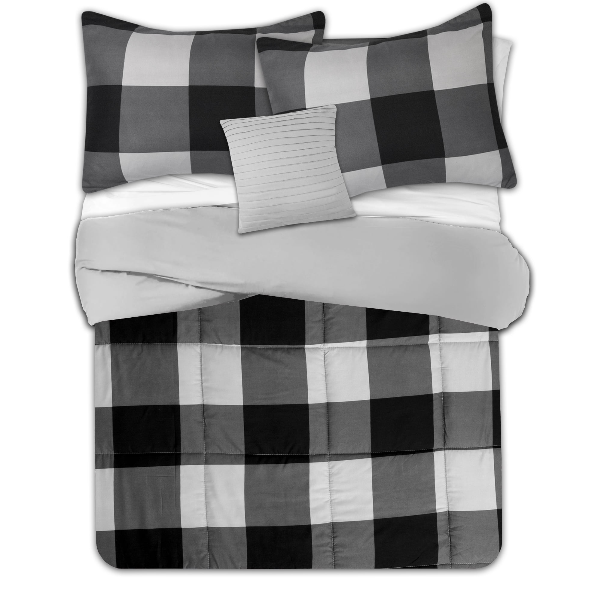 4 Piece Buffalo Plaid All-Season Comforter, 2 Shams & Throw Pillow Set - Black & Grey, King