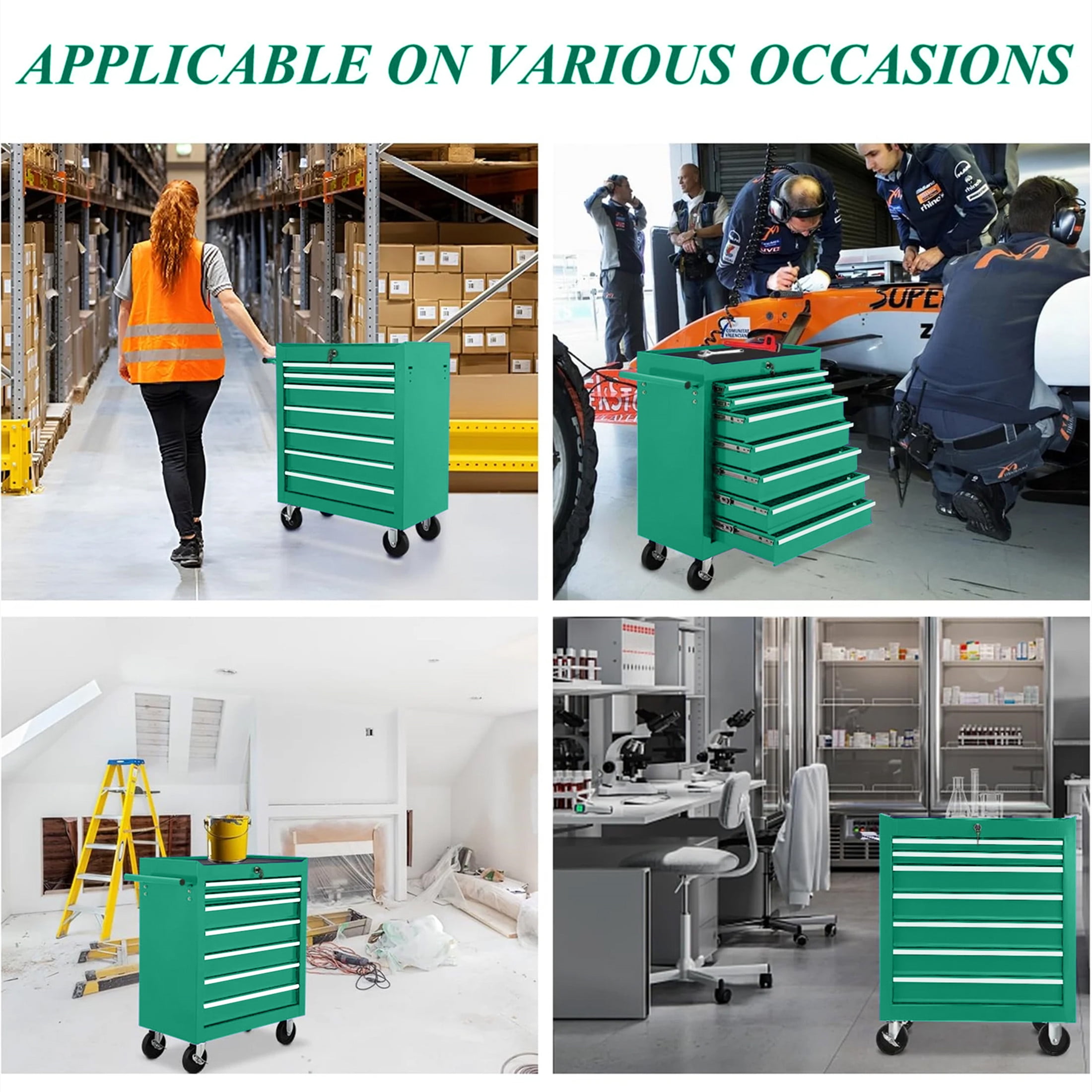 Aukfa Tool Chest, 24.5 in 7-Drawer Steel Rolling Tool Box on Wheels for Workshop Garage, Green