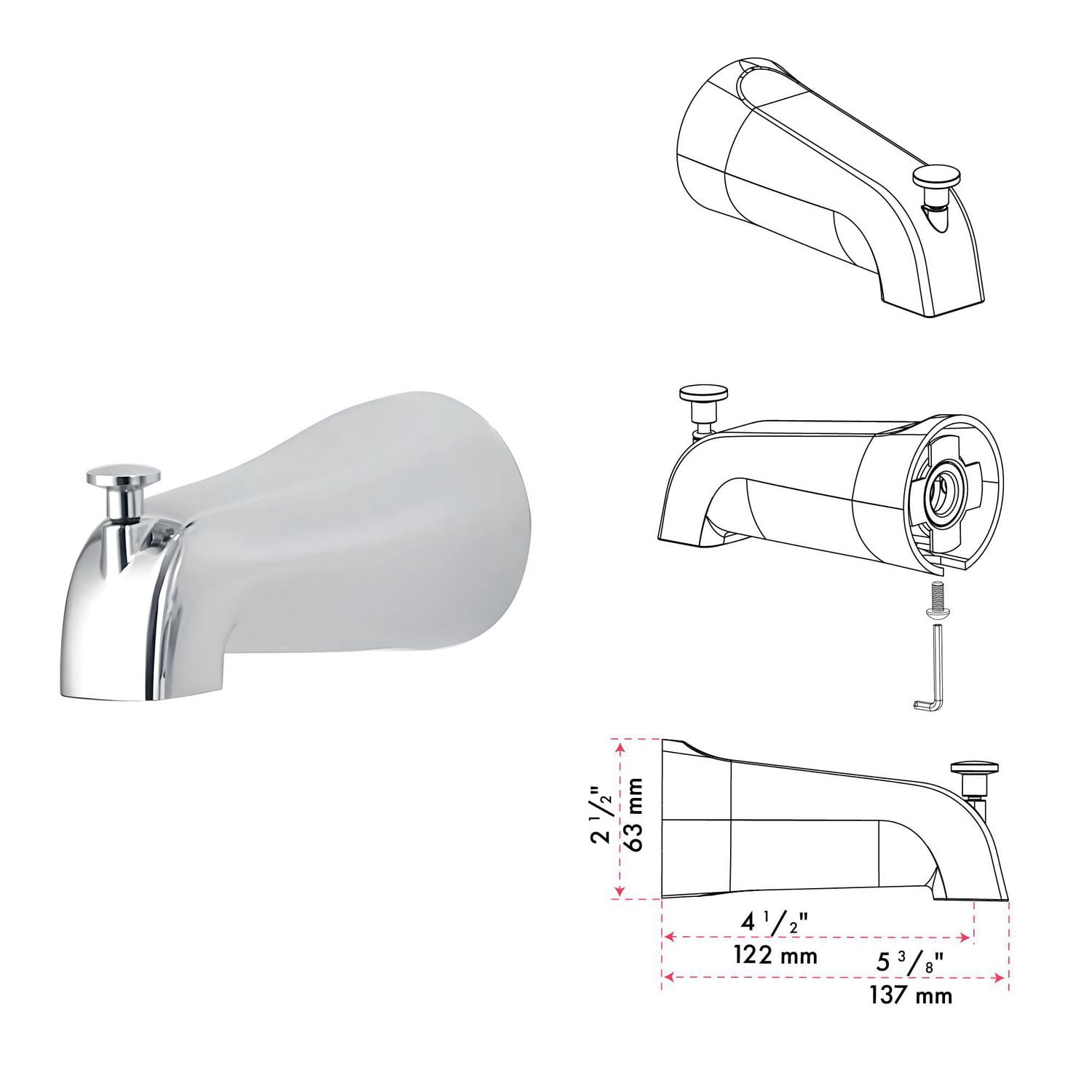 The akuaplus® - INA pressure balance valve faucet 1/2 in. PEX connection with hand shower 5 setting and spout 5 1/4 in. x 1/2 in. slip-fit. Chrome finish