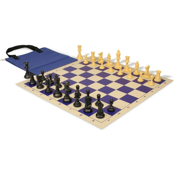 Standard Club Easy-Carry Plastic Chess Set - Black & Camel Pieces with Vinyl Rollup Board - Blue