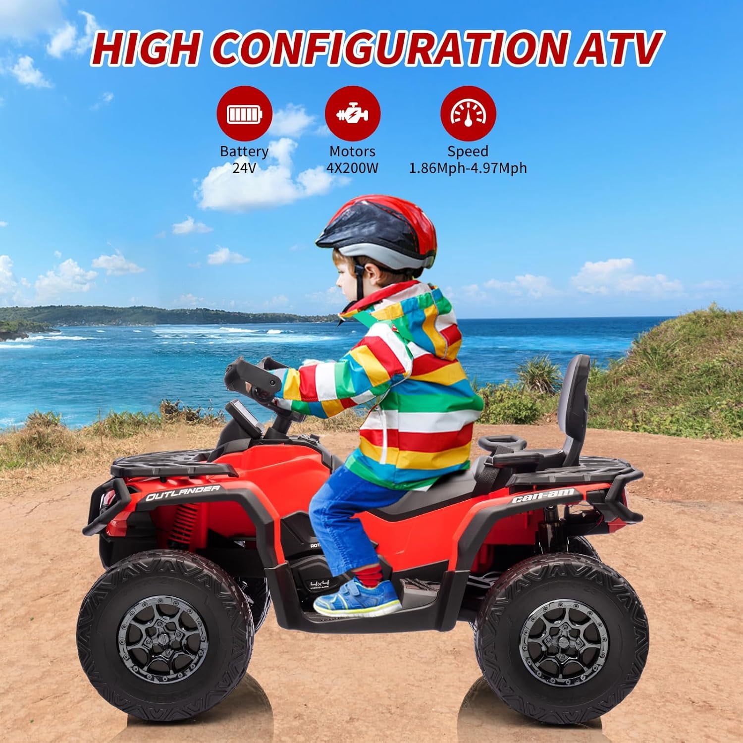 EastVita 2 Seater Ride On Car,24V Licensed Can-Am Electric ATV Car for Kids, 4 Wheeler Electric Toy Car with Bluetooth,Led,Leather Seaters,5 Mph Max Speed