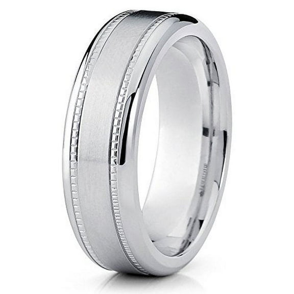 8mm Titanium Wedding Band White Titanium Ring Brushed Finish Milgrain Design Beveled