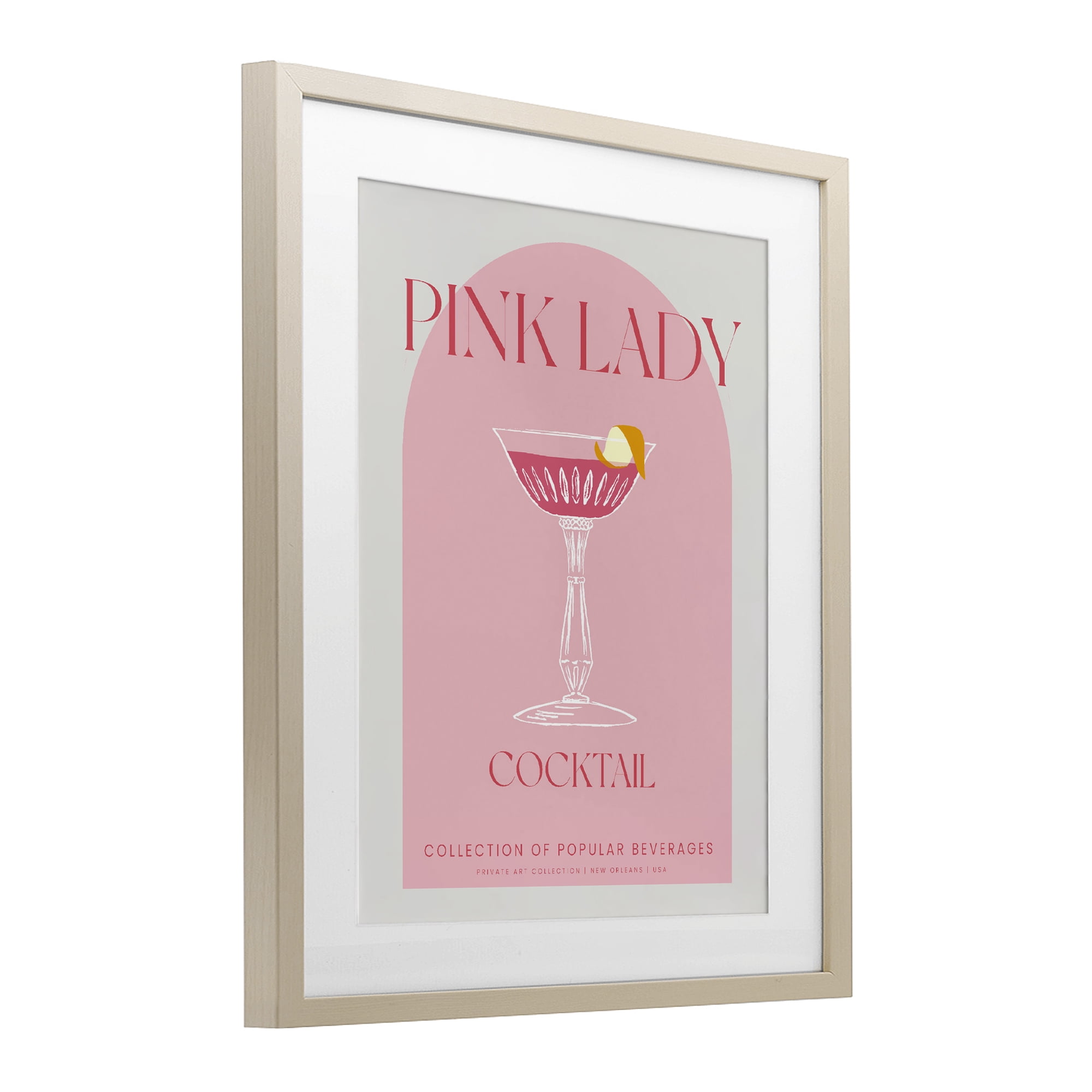 Stylish Retro Pink Lady Birch Framed Print Under Glass, design by Lil' Rue