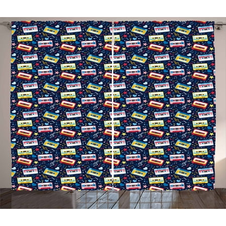 Pleater Tape Curtains Music Curtains 2 Panels Set, Old Fashion Cassette Tapes with Stars Hearts Sound Tempo Love Melody Image, Window Drapes for Living Room Bedroom, 108W X 108L Inches, Dark Blue Yellow Red, by Ambesonne ()