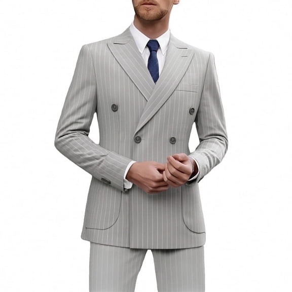 i·FineLong Men's Light Gray Pinstripe Double-Breasted Suit Set - Smart Casual Business Office/Daytime Event Outfit (Jacket & Pants)