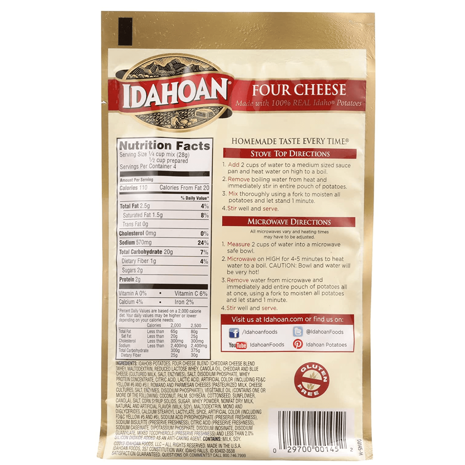 Idahoan Four Cheese Mashed Potatoes, Made with Gluten Free 100-Percent Real Idaho Potatoes, 4 Oz Each, Pack of 12, On The Go Side Dishes
