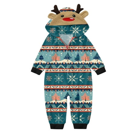 

Eyicmarn Family Matching Christmas Pajamas Jumpsuits Cartoon Elk Santa Snowflake Deer Print Hooded Long Sleeve Zipper-Up Romper Sleepwear