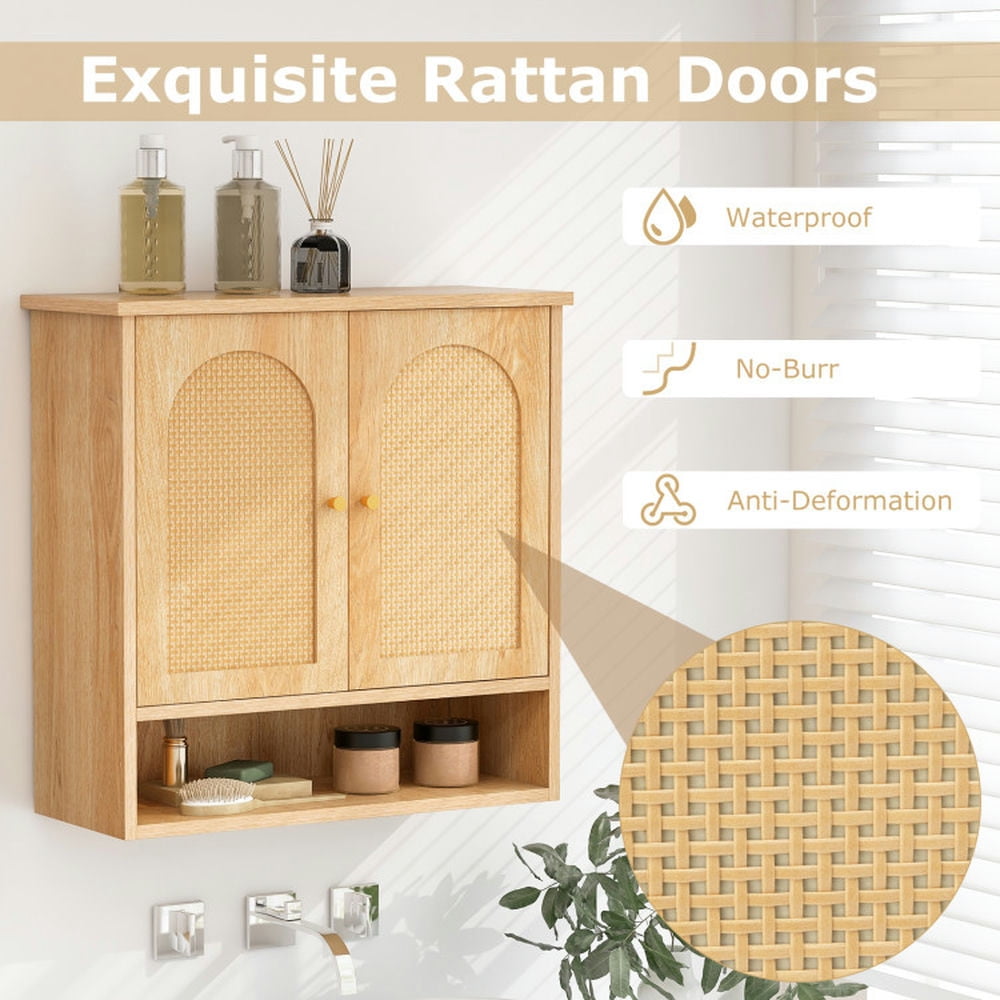 Finihen Wall Cabinet, Wall Mounted Cabinet, Medicine Cabinet, Medicine Cabinet with 2 Rattan Doors for Laundry Room Kitchen Entryway Bathroom, Natural
