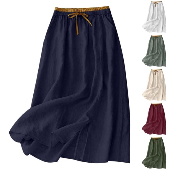 Bxsruta Womens Maxi Skirt Casual Flowy Long Skirts with Pockets Drawstring Waist