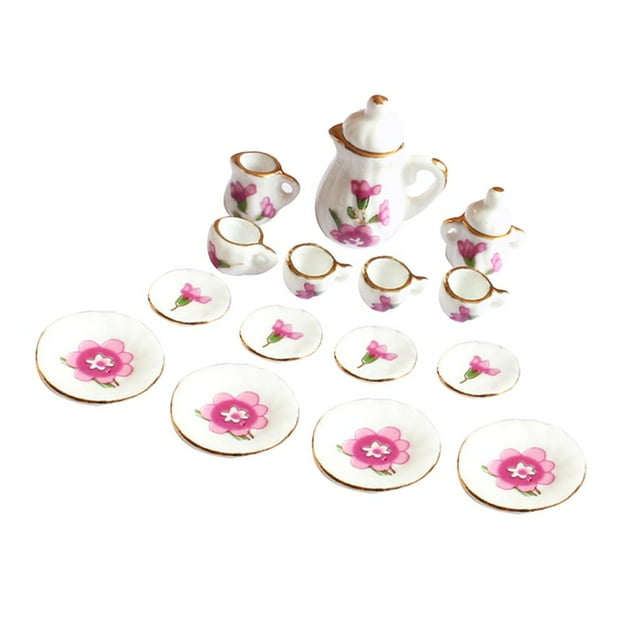 Juego de té de casa de muñecas Zulema miniatura 15 piezas con borde dorado