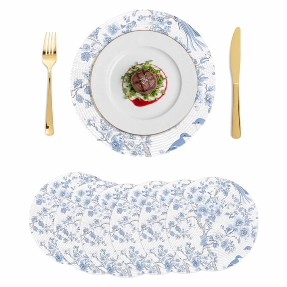 Light Blue Flowers Round 13 Inch Placemats Set of 6, Spring Summer Floral Birds HeatResistant Non Slip Place Mats for Dining Table, Wipeable Braided Kitchen Table Mats for Housewarming