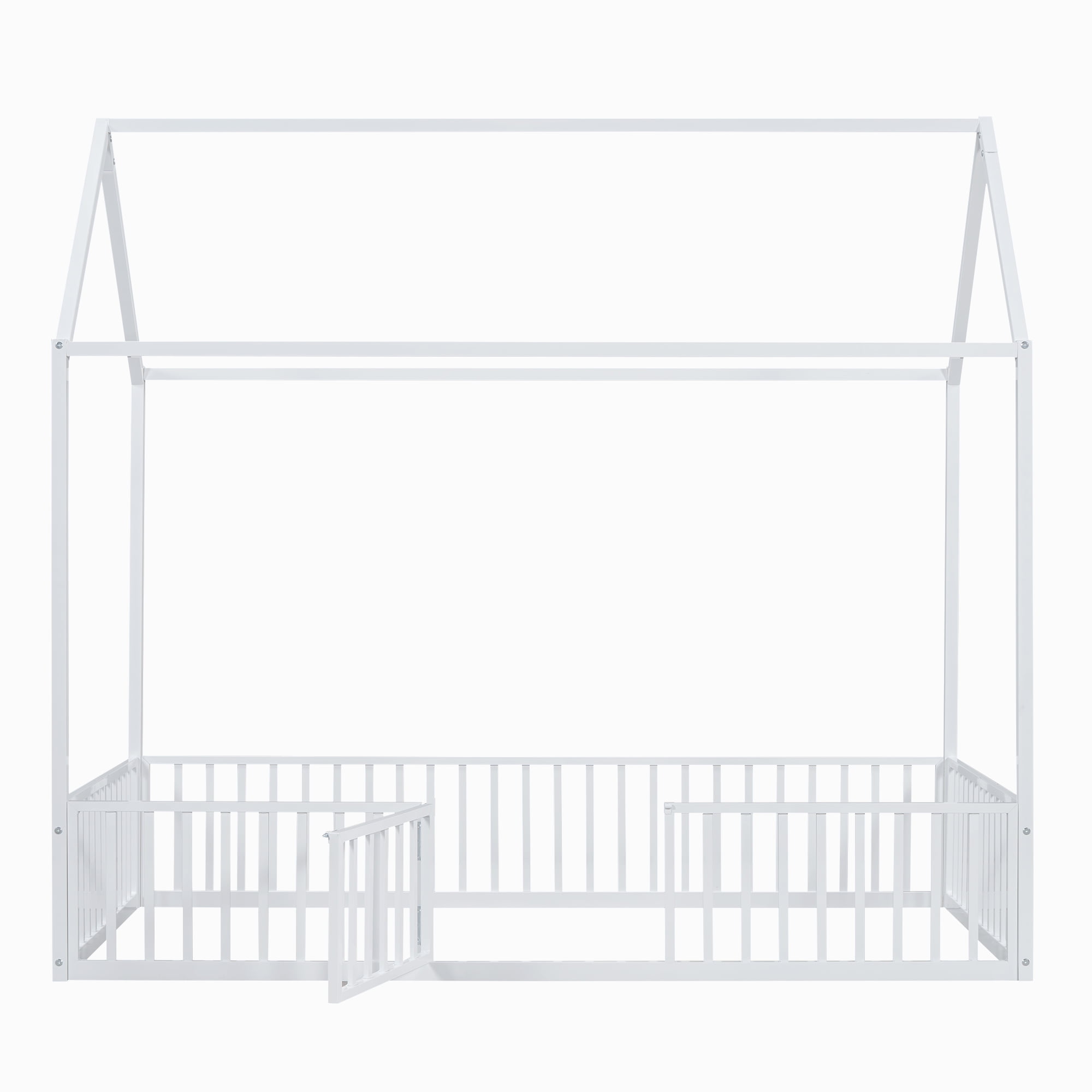 Euroco Metal Twin Size House Bed with Fence and Door for Kids, White