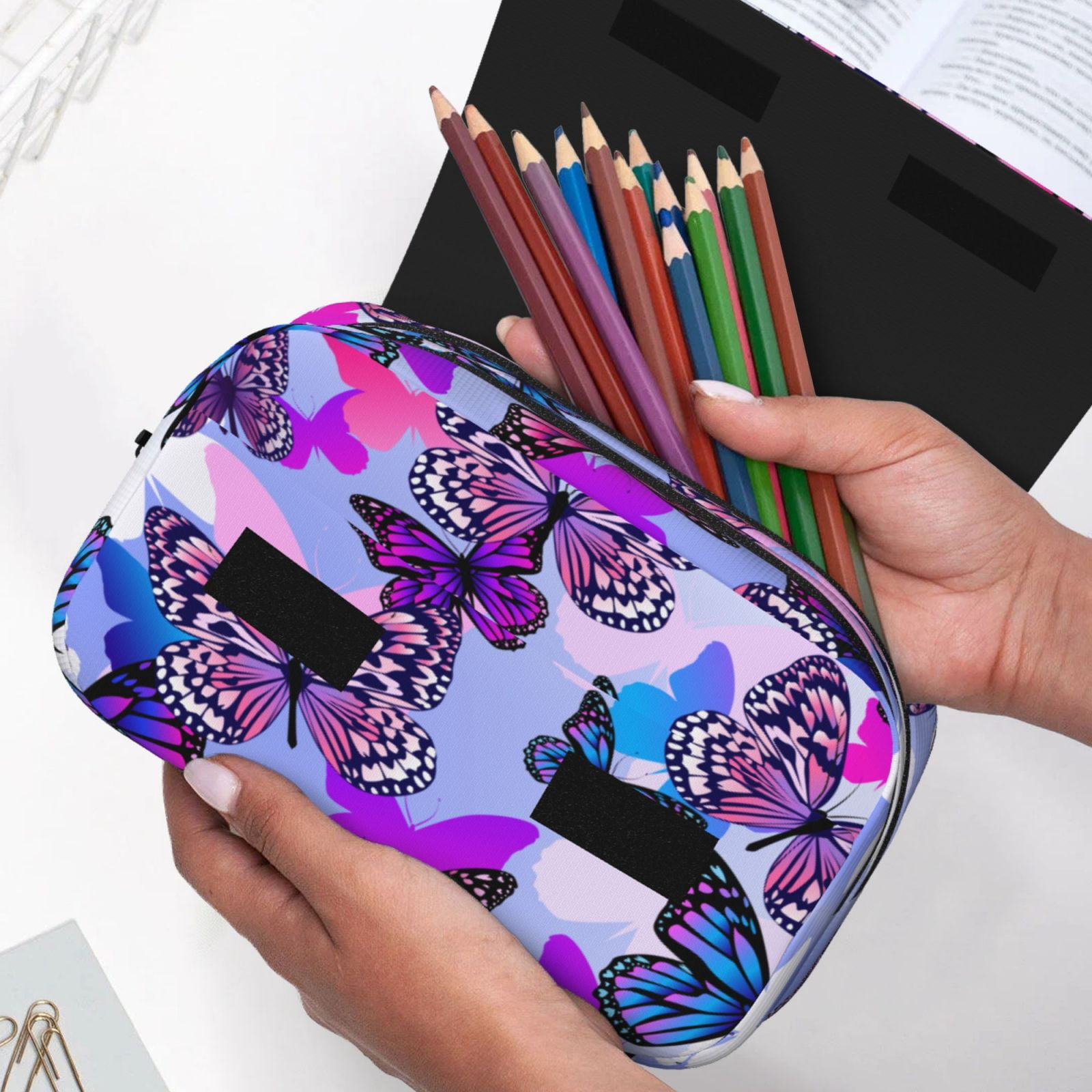 Rateoe Flying Butterflies Pattern Double Clamshell Pen Case, Storage Organizer with Two Zipper Compartments– Holds Up to 50 Pencils & Pens