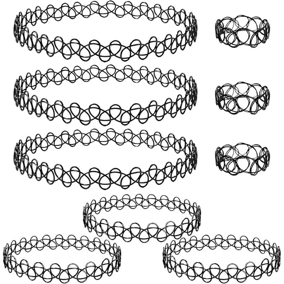 DESIGNICE 9 Pcs 90S Tattoo Choker Set, Black Stretch Gothic Necklaces, Bracelets & Rings – Retro Grunge Aesthetic Accessories for Women – Y2K Elastic Jewelry Set for Festival, Cosplay, Everyday Style