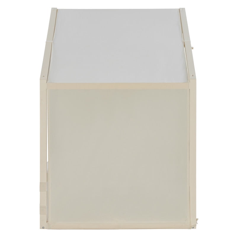 Twin Size Canopy Bed with Upholstered Velvet Side Panels and Breathable Linen Canopy Top, Soft-Padded Platform Bed Floor Montessori Bed for Kids Bedroom