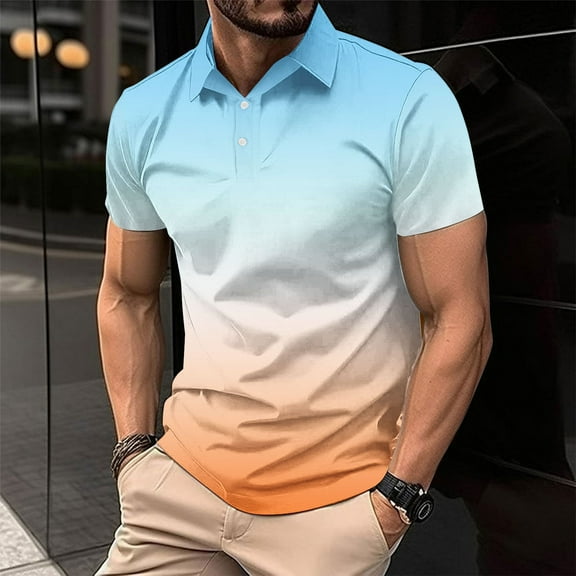 Utoimkio Men's Casual Button Down Shirts Short Sleeve Gradient Color T Shirts Summer Turndown Collared Tee Tops Size S-4XL