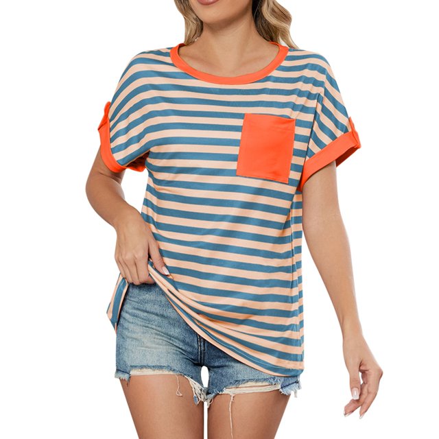 Women's Striped Crew Neck Short Sleeve Tops - Colour Block, Casual Pullover Style