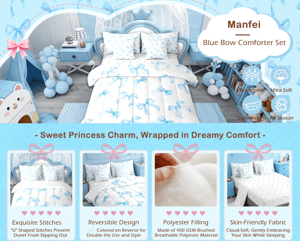 Manfei Sky Blue Bow 7 Pieces Bedding Comforter Set For Kids Girls,Cute Dreamy Princess Style Full Bedding Set Bow Pattern Comforter Reversible