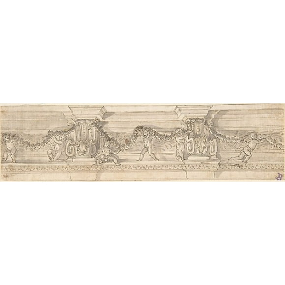 Frieze with Consoles, Putti, and Garlands (Recto); Fragment of Architectural design (Verso) Poster Print by Anonymous, Italian, 17th century (18 x 24)