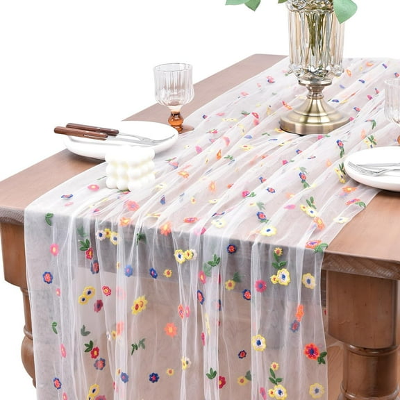 Embroidery Daisy Christmas Table Runner 9ft Florals Seasonal Tulle Table Runner Holiday Kitchen Dining Table Decoration for Home Party Indoor(28" x 108")