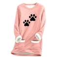 thumbnail image 3 of Feancey Women's Fleece Lined Tops Winter Warm Sherpa Lined Crewneck Pullover Cute Cat Paw Print Loungewear Long Sleeve Thermal Tunic Tops with Pockets Pink S, 3 of 4