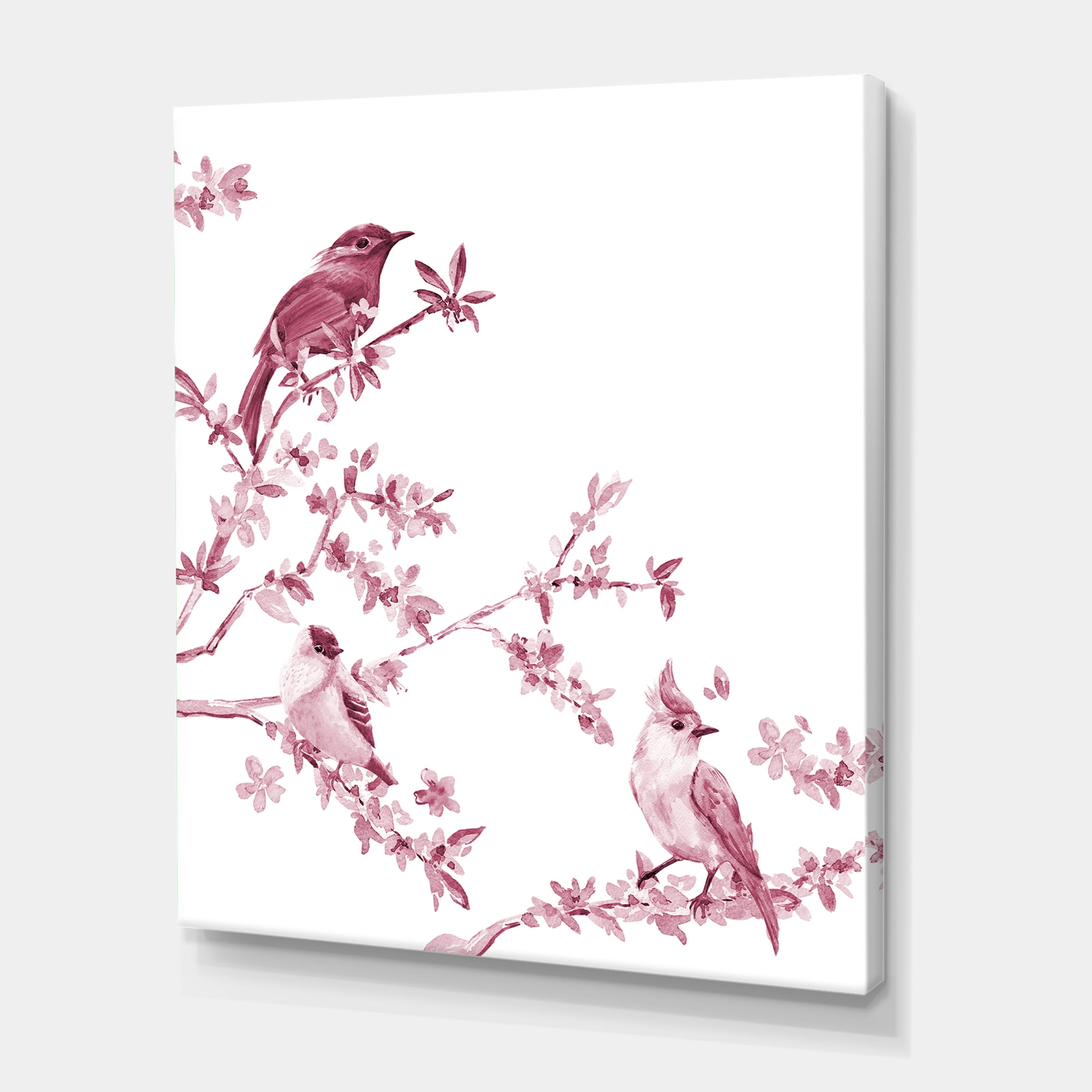 Designart ' Beautiful Pink Birds Sitting On Flowering Branches ' Traditional Canvas Wall Art Print