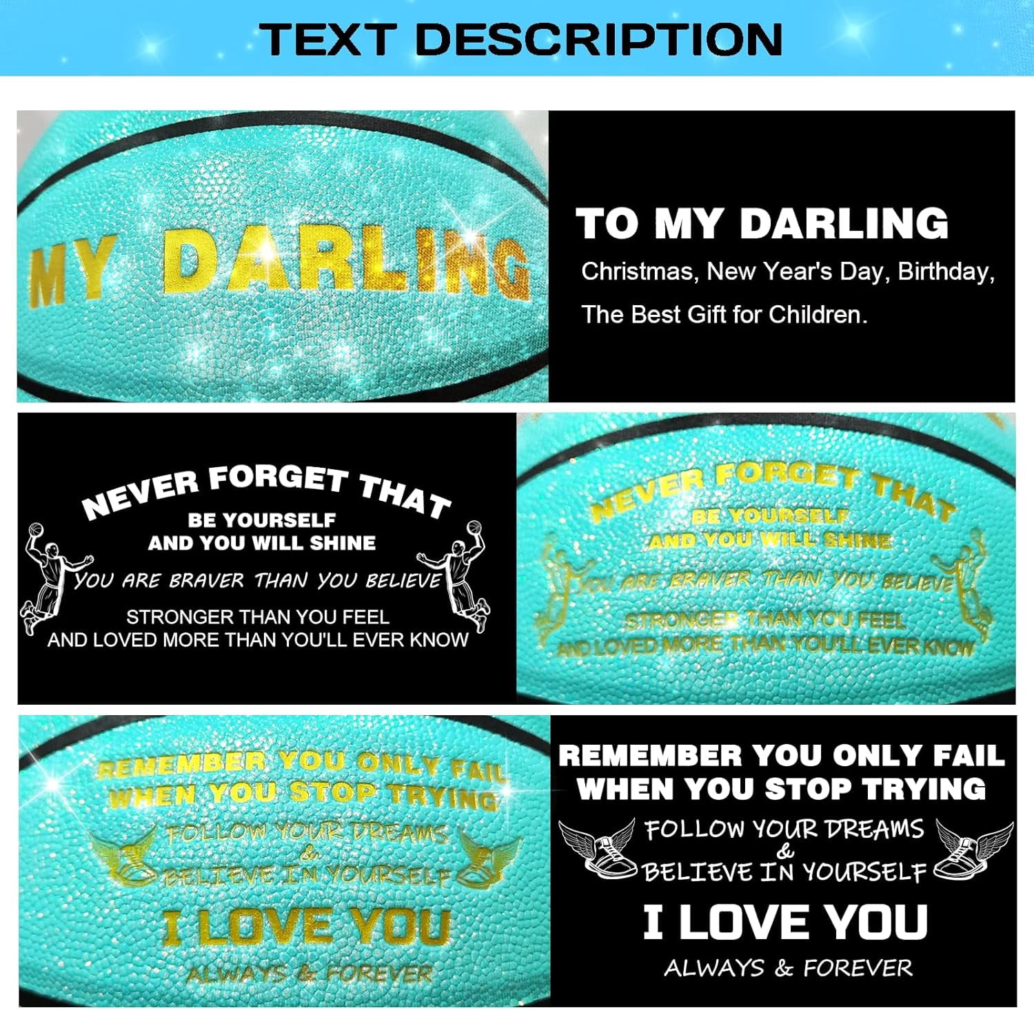 Personalized Basketball, Sparkle Glow to My Son / Daughter Basketball Gift, Cool Indoor Outdoor Glitter Shiny Leather Basketball Size 5/6/ 7 for Youth, Girls, Men, Women (with Pump)