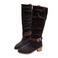 thumbnail image 2 of Knee High Boots for Women Wide Calf Sweater Knitted Ruched Comfortable Tall Boots Fashion Side Zipper Low Heel Slouch Buckle Straps Motorcycle Riding Boot Round Toe Vintage Winter Boot, 2 of 8