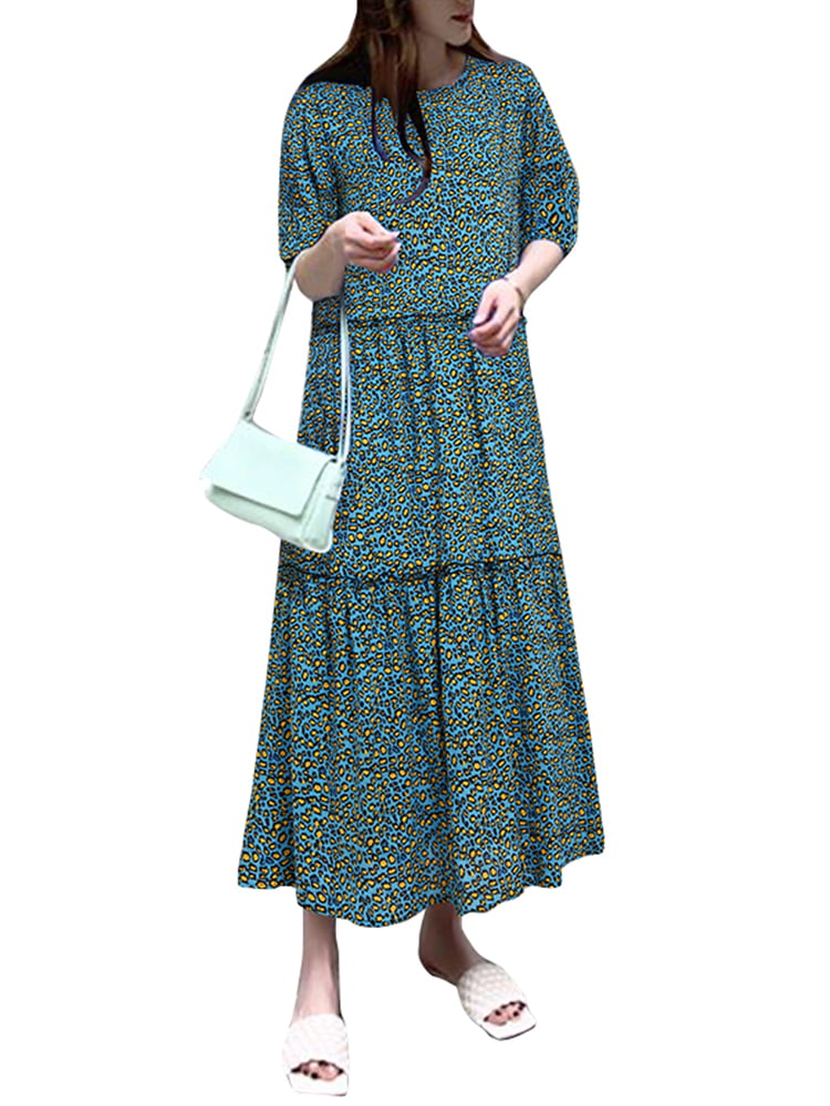 ZANZEA Women's Half Sleeve Loose Tiered Dress Vintage Floral Dresses ...