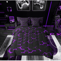 Feelyou Neon Gradient Geometric Twin Bedding Sets 7-Piece, Purple Honeycomb Bedding Comforter Set, Teens Boys Girls Kids Reversible Sheet Sets, Ultra Soft Home Decor