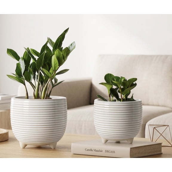 BEMAY 5.1" & 6.4" Ceramic Plant Pots,Set of 2 White Indoor Planters with Drainage Hole & Plug, Succulent Pots for Herbs, Cactus, Home Decor