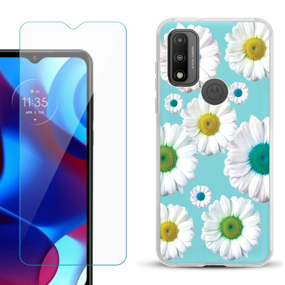 Slim-Fit Gel TPU Phone Case for Motorola Moto G Pure, with Tempered Glass Screen Protector, by OneToughShield ® - Daisy/Teal
