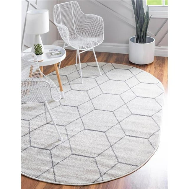 Unique Loom 3151504 5 x 8 ft. Geometric Trellis Frieze Oval Rug, Ivory