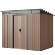 Lofka 8x6 FT Outdoor Storage Shed with Lockable Sliding Doors & Sloping Roof Metal Garden Tool Shed for Backyard, Light Brown