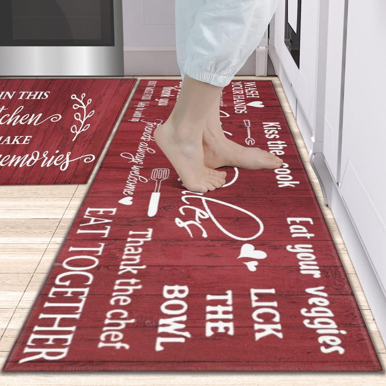 Red Farmhouse Kitchen Rug Sets of 2 Piece Non Slip Kitchen Rugs and Mats Washable Kitchen Mats for Kitchen Floor Mat Carpet Runner Rugs for Hallway Laundry Decor 17”x30“+17'''' X 47''''