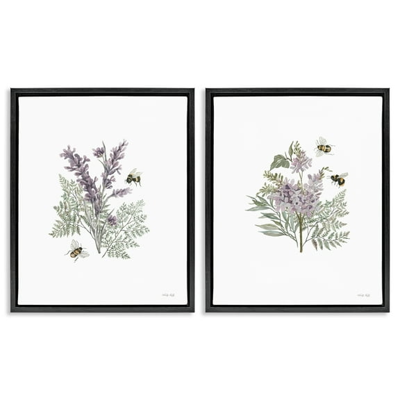 Stupell Industries Purple Floral Ferns Bees Plants & Flowers Painting Black Floater Framed Canvas Art Print Wall Art, 17 x 21, Set of 2
