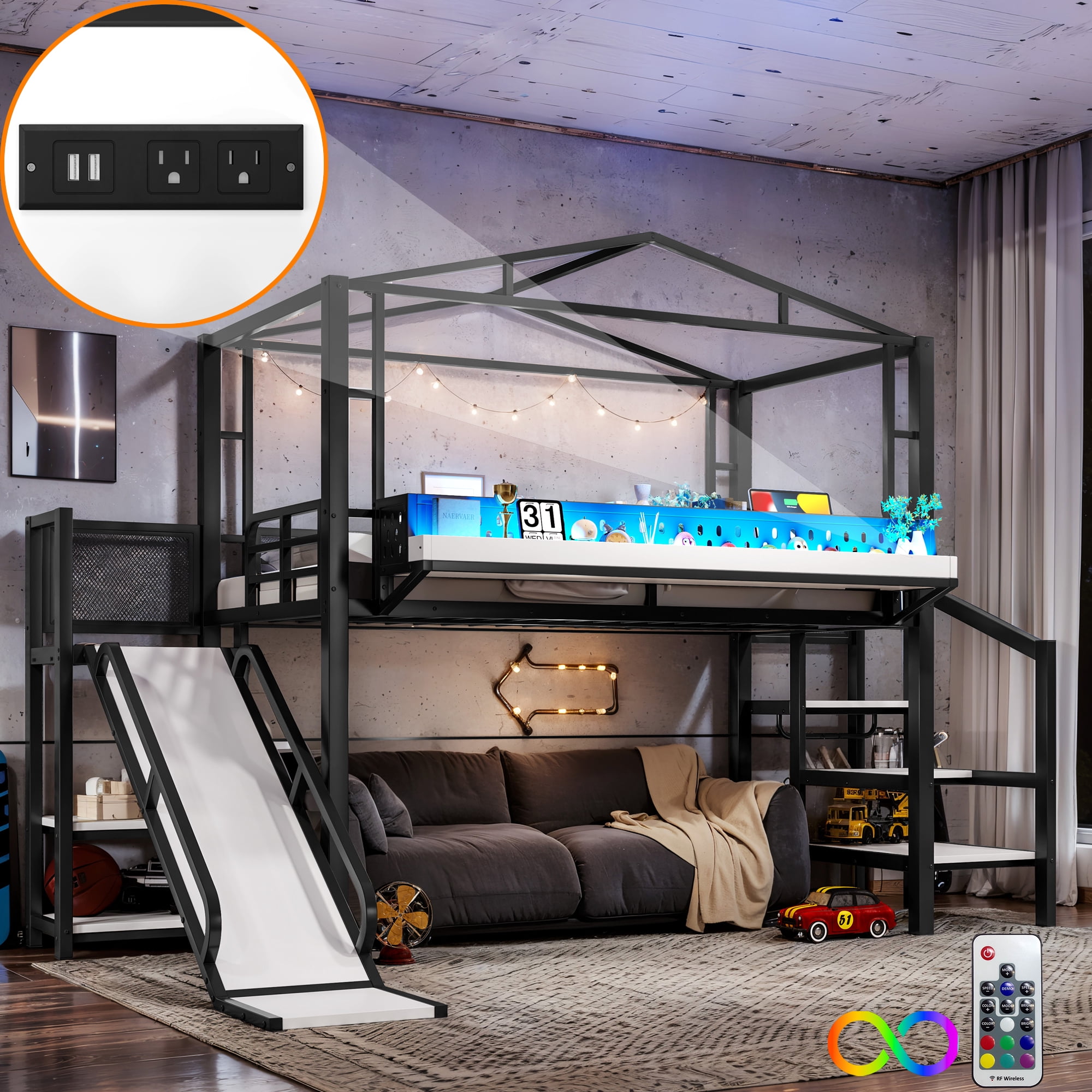 Leumius Twin Size Loft Bed with Storage Stairs, Metal Loft Bed Frame with Built-in Wardrobe,Storage Shelves,USB Ports and LED Lights,Noise-reduced Design,Black