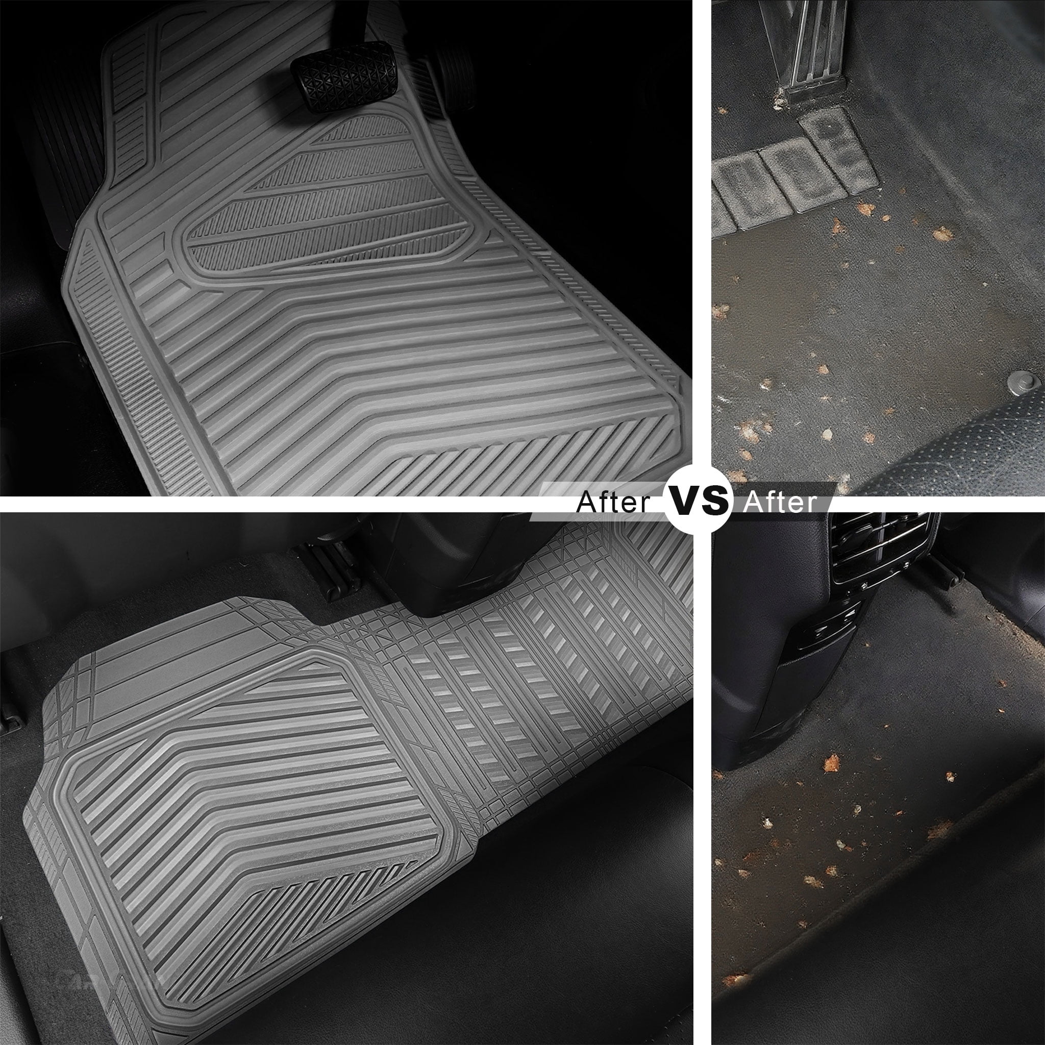 CAR GRAND Rubber Car Floor Mats, All Season All Weather Waterproof Automotive Mats Full Set 4 Pieces, Trim to Fit for Cars Sedans SUVs Trucks, Anti-Slip Easy Clean, All Gray