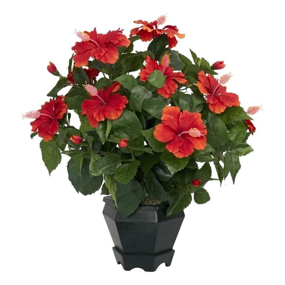Pemberly Row Hibiscus with Black Hexagon Vase Silk Plant in Orange/Black