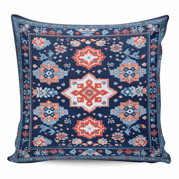 Throw Pillow Covers 18x18 Inch, Blue Red Geometric Decorative Pillow Cases for Couch Sofa Bed, Ethnic Vintage Southwest Cotton Linen Square Home Decor Pillowcases with Hidden Zipper