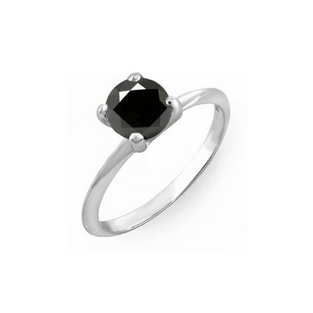 10k Gold Diamond Solitaire Ring - 10K White Gold Round Black Diamond Ladies Bridal Engagement Solitaire Ring