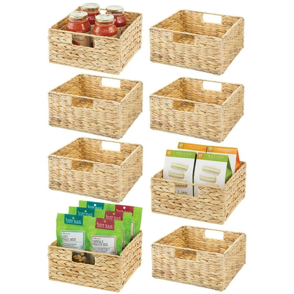 mDesign Woven Hyacinth Kitchen Basket Organizer with Handles - 8 Pack - Natural