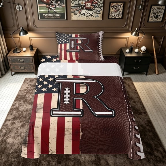 meiyoeat Football Letter R Twin Sheets for Men Boys, US Flag Initial Bedding for Game Day, Brown, 3pcs, 1 Flat Sheet, 1 Fitted Sheet and 1 Pillowcase