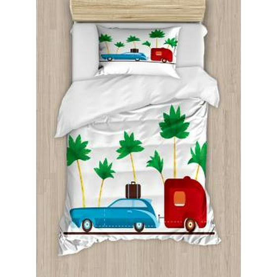 Happy Camper Twin Size Duvet Cover Set Colorful Travel Cartoon Happy Camper Twin Size Duvet Cover Set Colorful Travel Cartoon Tropical Palm Trees With Retro Vehicle And Suitcase Decorative 2 Piece Bedding 1