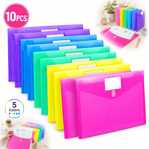 Emlimny 10 Pack Plastic File Folder with Pocket,5 Color Envelope Folder with Pockets Clear Folder for Document US Letter A4 Size File Envelopes with Label Pocket