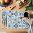 thumbnail image 2 of Blue Mediterranean Placemats Set of 6, Vintage Moroccan Tiles Texture Placemats for Dining Table, Place Mats for Kitchen Tabletop, Waterproof Wipeable Dining Table Mats Set, 2 of 9