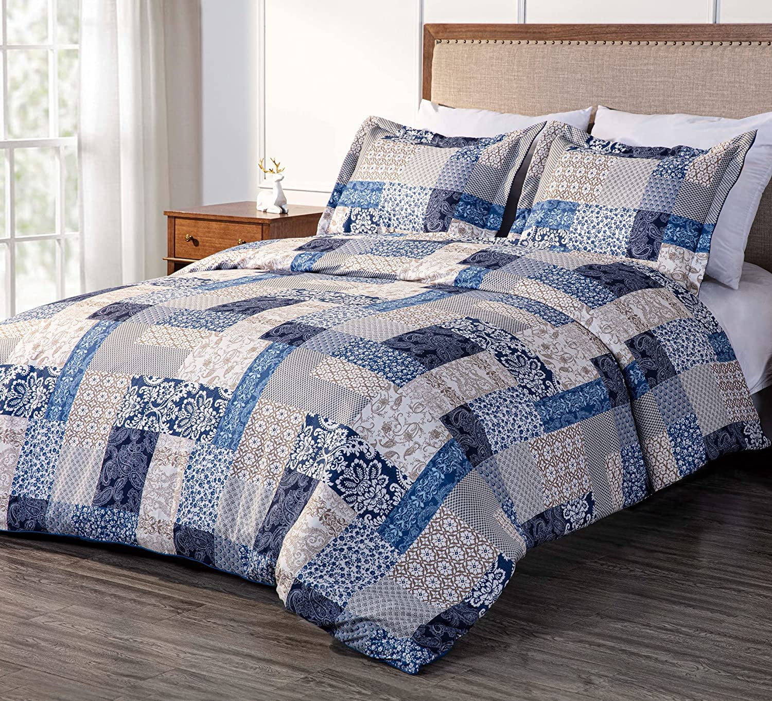 Chezmoi Collection Kai 3-Piece Floral Paisley Patchwork Printed Comforter Set, Navy Blue